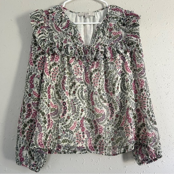 LOFT Tops - LOFT Cream Pink Green Floral Ruffle Long Sleeve Blouse XS Spring